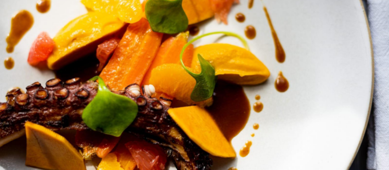 Plat gourmand de poulpe grillé, carotte rôtie, orange, pamplemousse, purée de courge, jus de viande