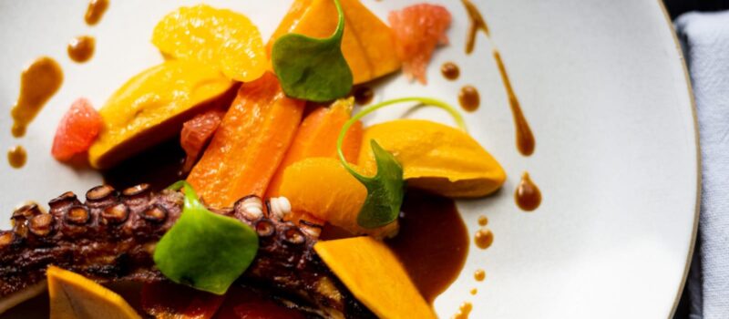 Plat gourmand de poulpe grillé, carotte rôtie, orange, pamplemousse, purée de courge, jus de viande